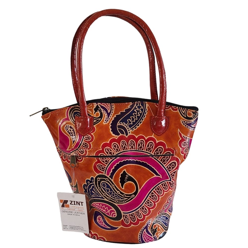 NWT Zint Leather handbag Bucket Bohemian Ethnic Brown Paisley Business